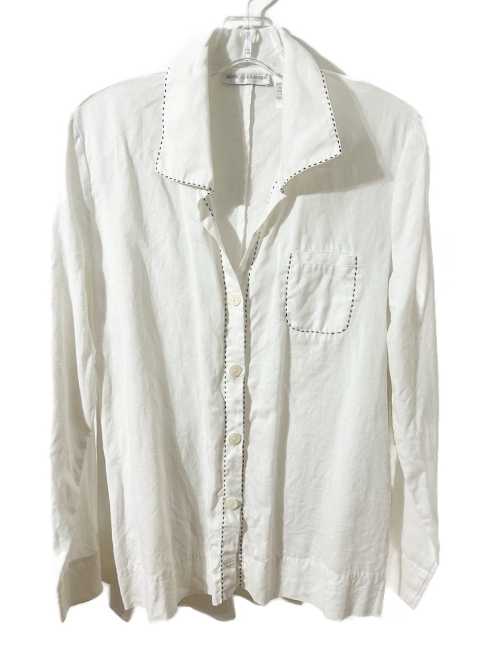 Annie Alexander White Linen Long Sleeve Button-Down Shirt Stitch Details Size S